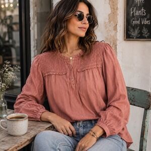 ana A New Approach Rose Metallic Pinstripe Smocked Ruffle Blouse XXL Pink